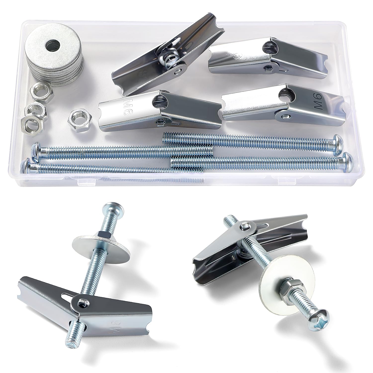 Lyeteung 4 Sets M6 Spring Toggle Fixings, Wing Spring Toggle Bolt, Toggle Bolt and Wing Nut Assortment Kit, with Hex Nuts, Washers, for Plasterboard, Cavity Wall, Fibreboard