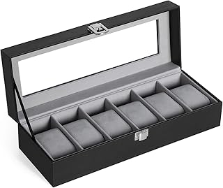 SONGMICS Uhrenbox 6 Uhren, Uhrenkasten mit Glasdeckel, Uhrenkissen aus Samt, Uhrenkoffer mit Schloss, 30 x 11,2 x 8 cm, PU-Bezug in Schwarz, Samtfutter in Grau JWB06BK