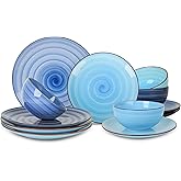 Selamica Ceramic Dinnerware Sets, 12 Pieces Plates and Bowls Sets, Scratch Resistant Dishes Set for 4, Handpainted Swirl Dishware Sets with Spray Black Dots, Dishwasher&Microwave Safe, Gradient Blue