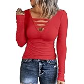 HERILIOS Women Casual Long Sleeve Tunic Tops V-Neck T Shirts Criss Cross Ribbed Casual Tee Slim Fitted Fall Blouse