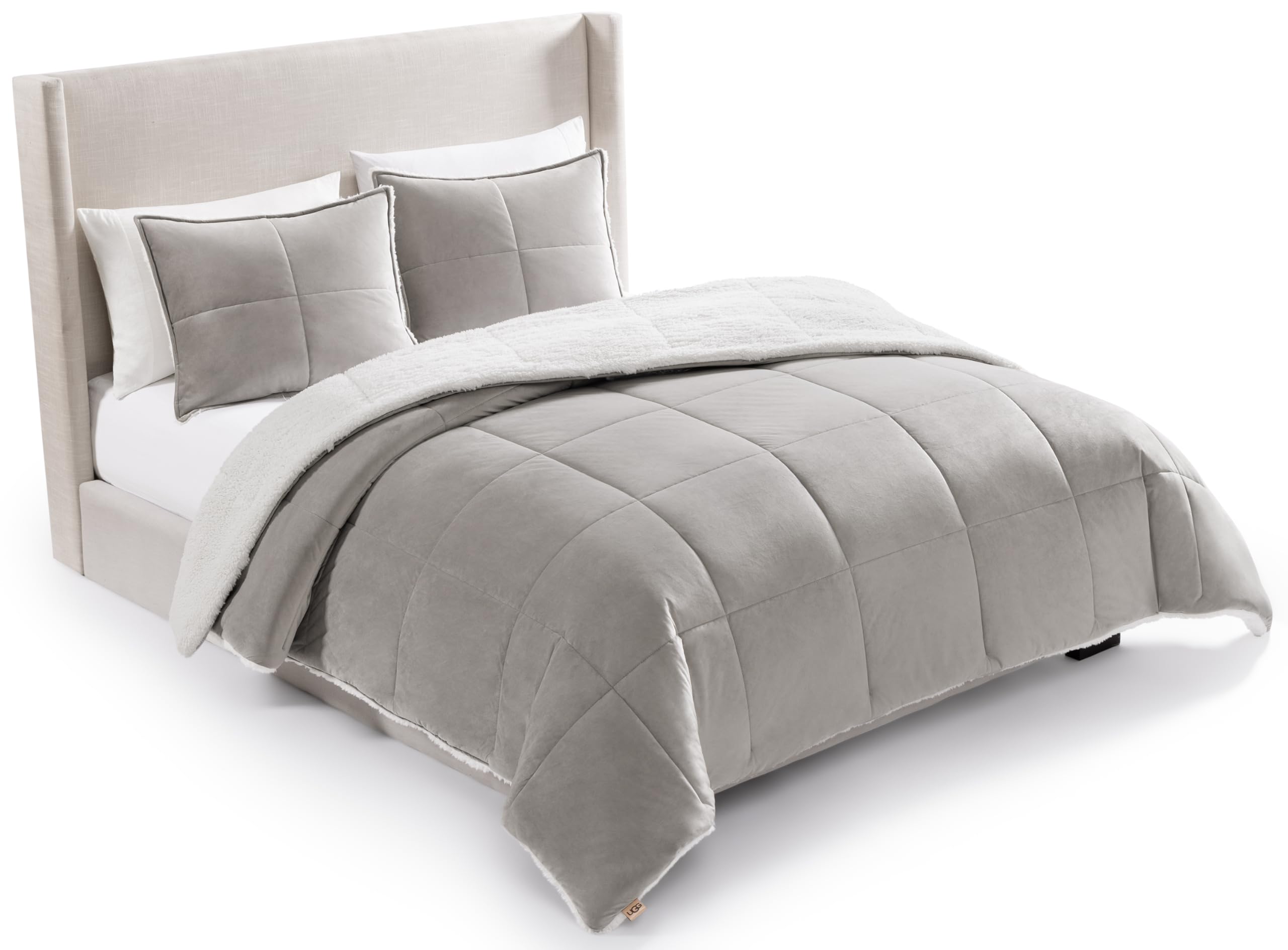 UGG Blissful Full/Queen Comforter Set with 2 Pillow Shams Reversible White Comforter Plush Fluffy Warm Bed Set Premium Down Alternative Bedding for College Dorm Essentials, Full/Queen, Seal Gray