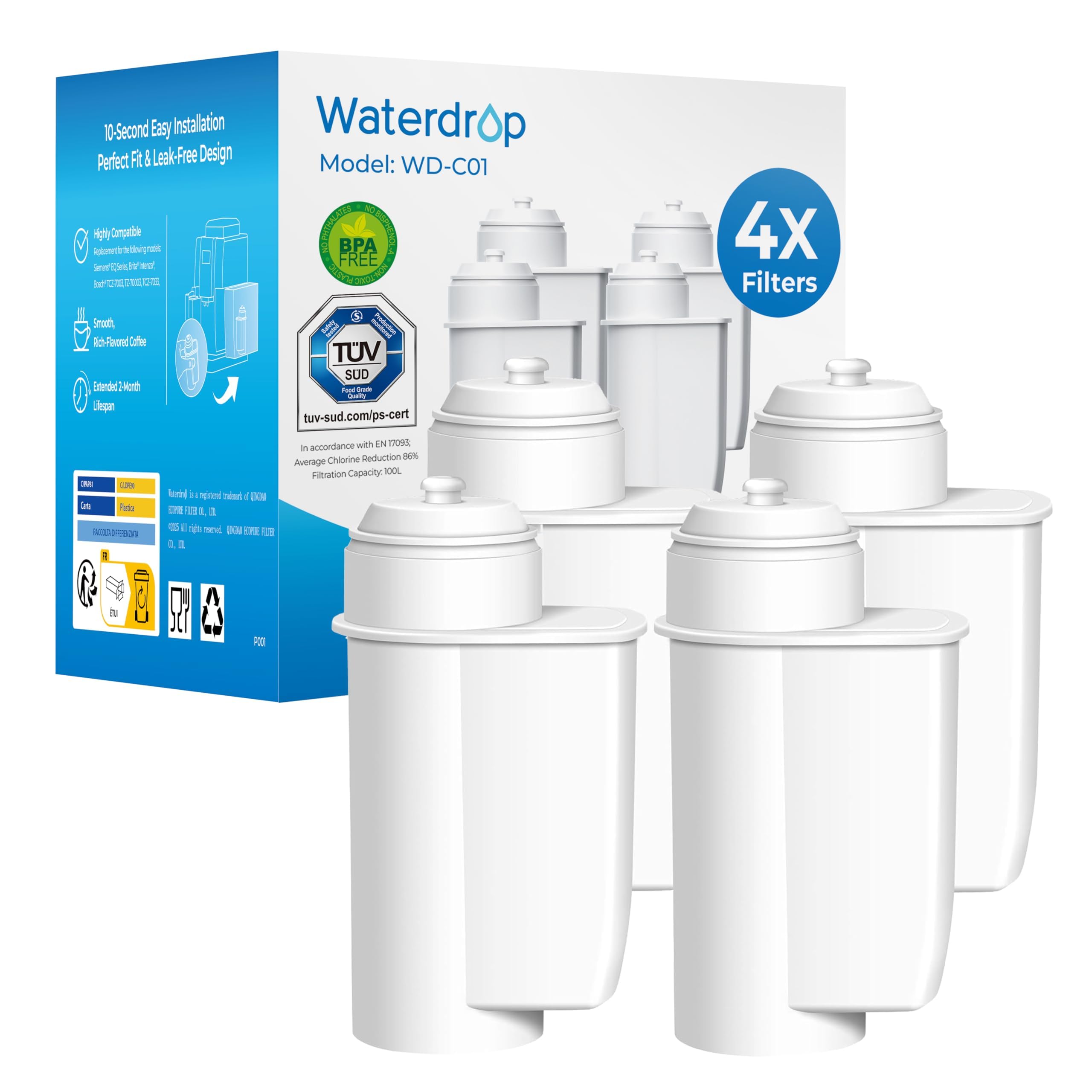 Waterdrop Coffee Filter, Compatible with Siemens® EQ Series, Replacement for Brita® Intenza® TZ70003, TCZ7003, TCZ7033, Bosch® 12008246 Water Filter (Pack of 4)