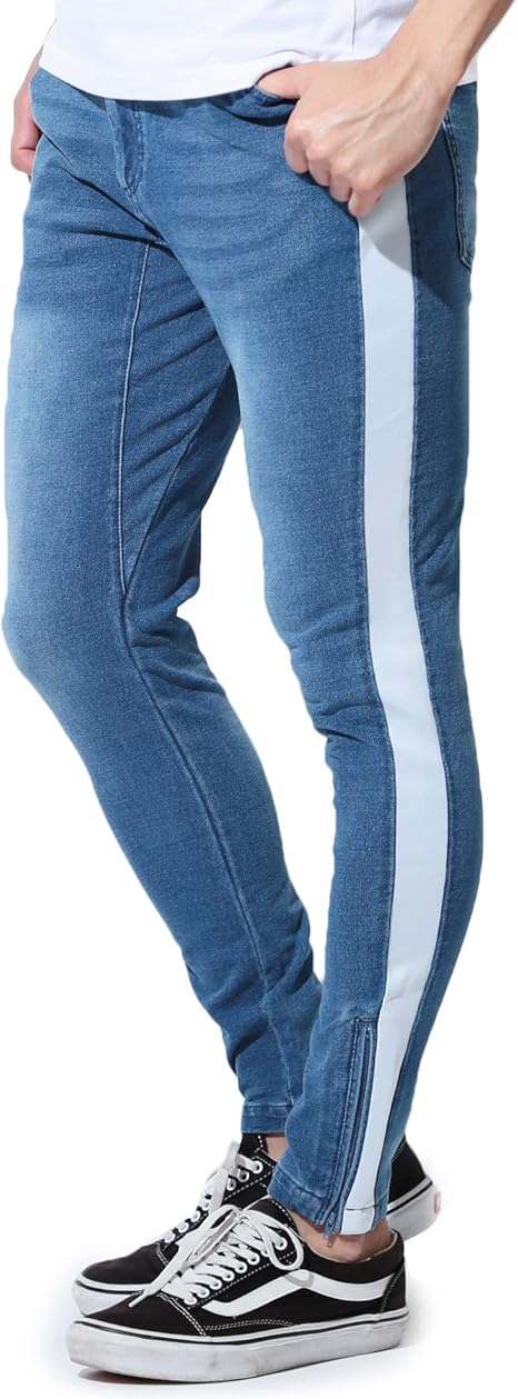 Amazon Jiggys Shop スウェットデニムパンツ メンズ ジョガー パンツ 裾ジップ スリム 細身 スキニー サイドライン S ブルーサイドライン スウェットパンツ 通販