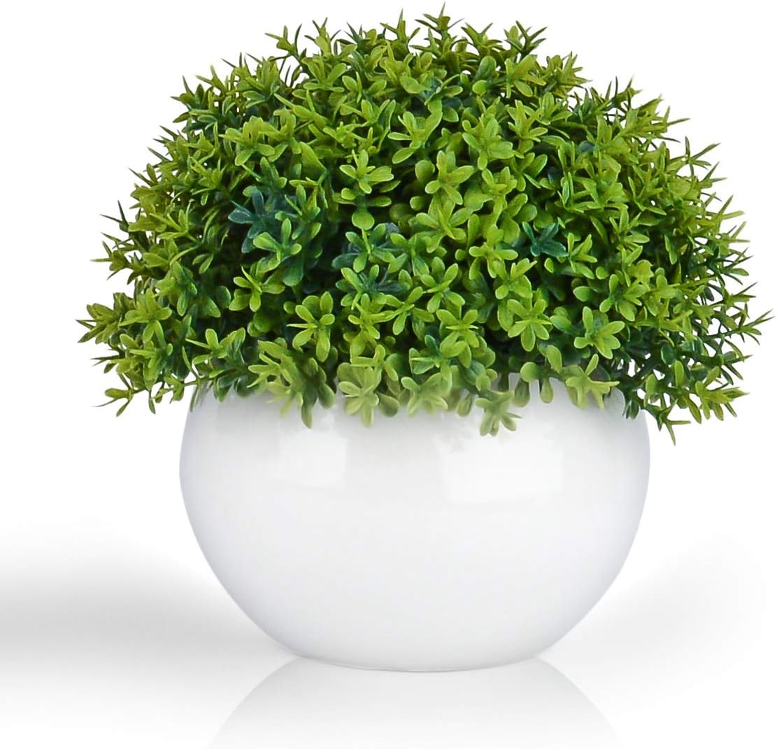 Mini Artificial Plant (5") in White Ceramic Pot | Decorative Faux Plant for Home/Office Decor | Small Potted Topiary | Farmhouse Decor Accent | Desk/Kitchen/Bathroom/Shelf Fake Plant (Green 3)