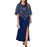 Plus Size Formal Dress - Wedding Guest Long Evening Cocktail Mermaid Dress with Sequin Overlay Cape