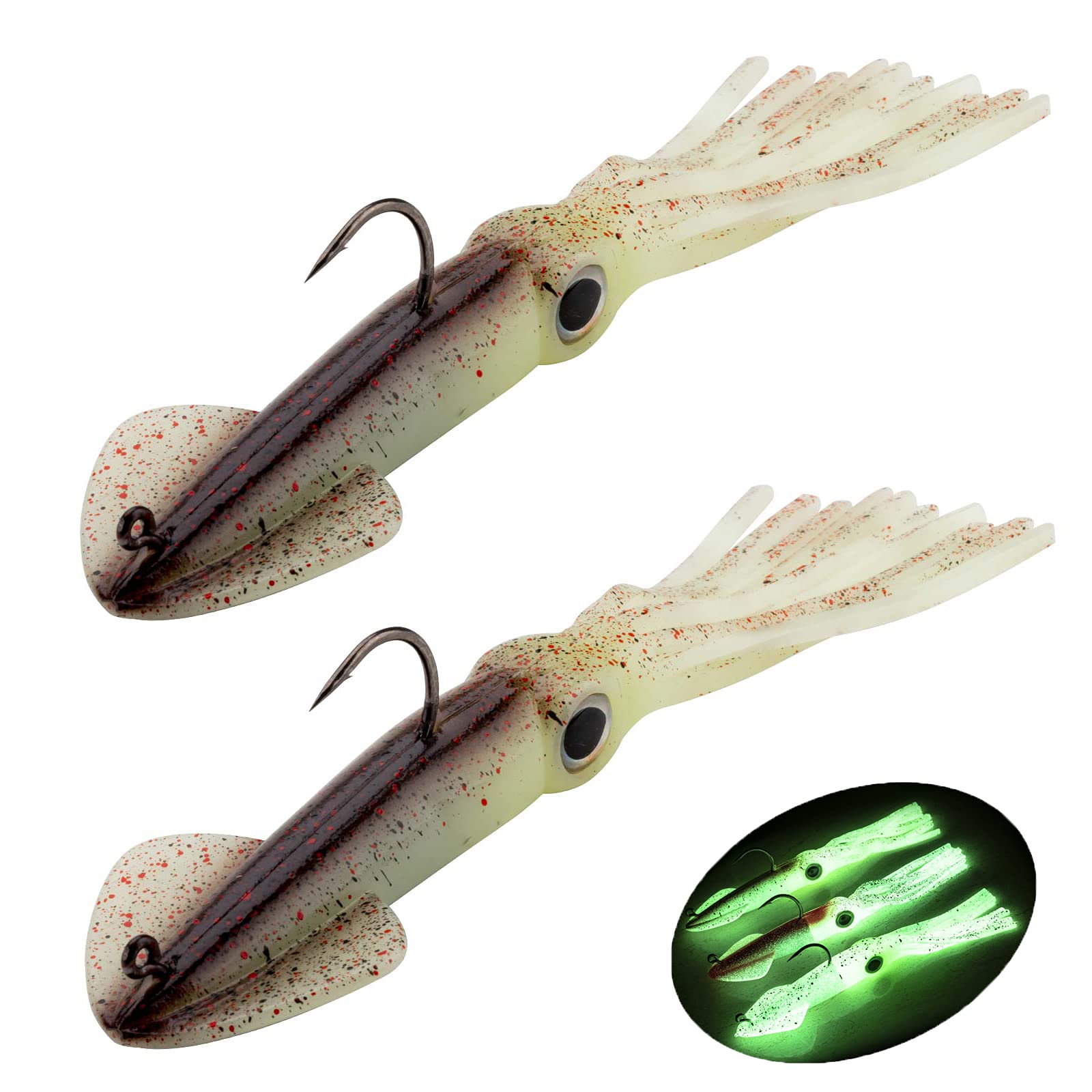 Fishing Squid Lures Kit Pre-rigged Squid Lure Glow In the Dark Squid Jig Octopus Artificial Bait Saltwater Sea Fishing Lures Sinking Lure 35g 2Pcs (F -2Pcs)