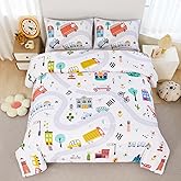 ZRNBAST Twin Size Comforter Sets for Boys 3-Piece Cartoon Cars Kids Bedding Sets Soft and Lightweight White Construction Comforter with 2 Pillowcases All Season