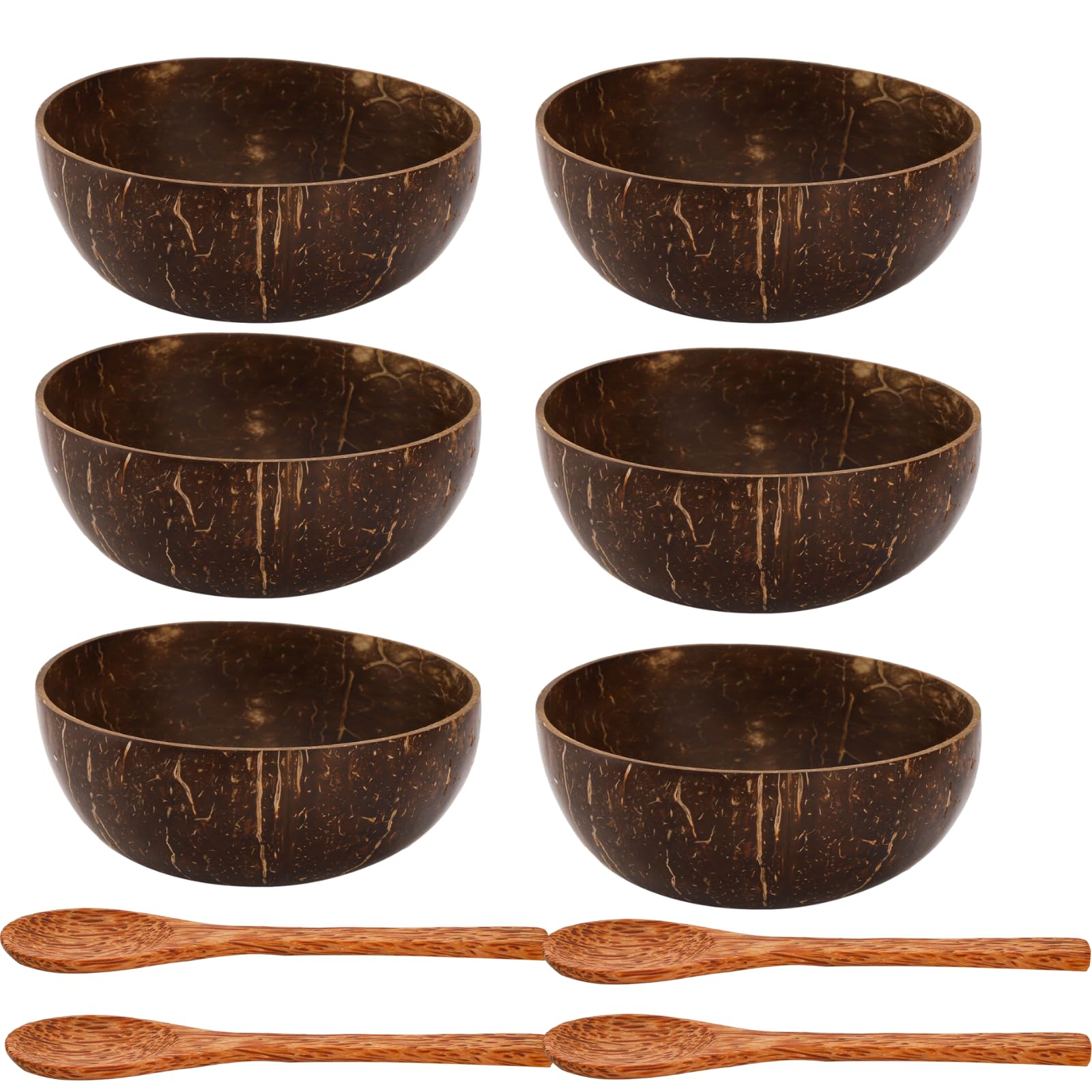 ZENFUN 6 Pack Coconut Bowls with 4 Wooden Spoon, 15.5Oz/450ML Polished Coconut Bowls, Natural Coconut Shell Bowls Set for Vegan Organic Salad, Smoothie or Buddha Bowls, Kitchen Storage