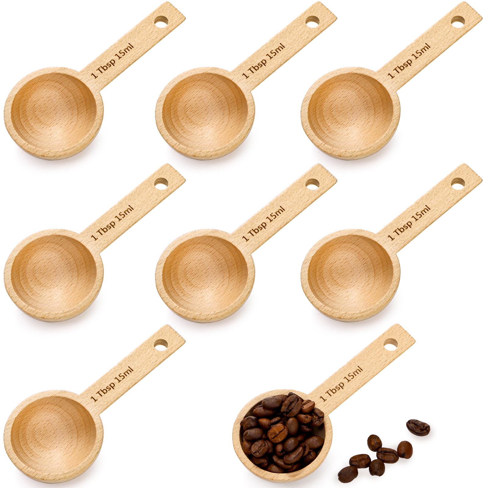 Tebery 8 Pack Wood Measuring Scoops for Canister, 1 Tablespoon Beech Coffee Scoop Measuring Spoons for Coffee Beans, Ground Coffee, Protein Powder, Spices, Tea and Bath Salt