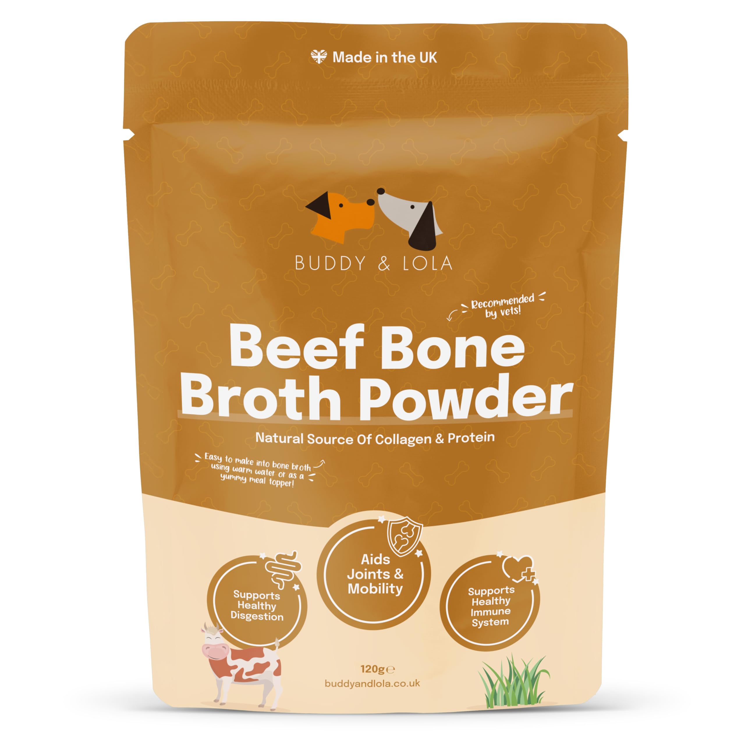 Buddy & Lola Beef Bone Broth Powder | 100% Pure Broth Protein Powder for Dogs | Joint, Digestion & Gut support | Makes 6 litres of Beef Bone Broth