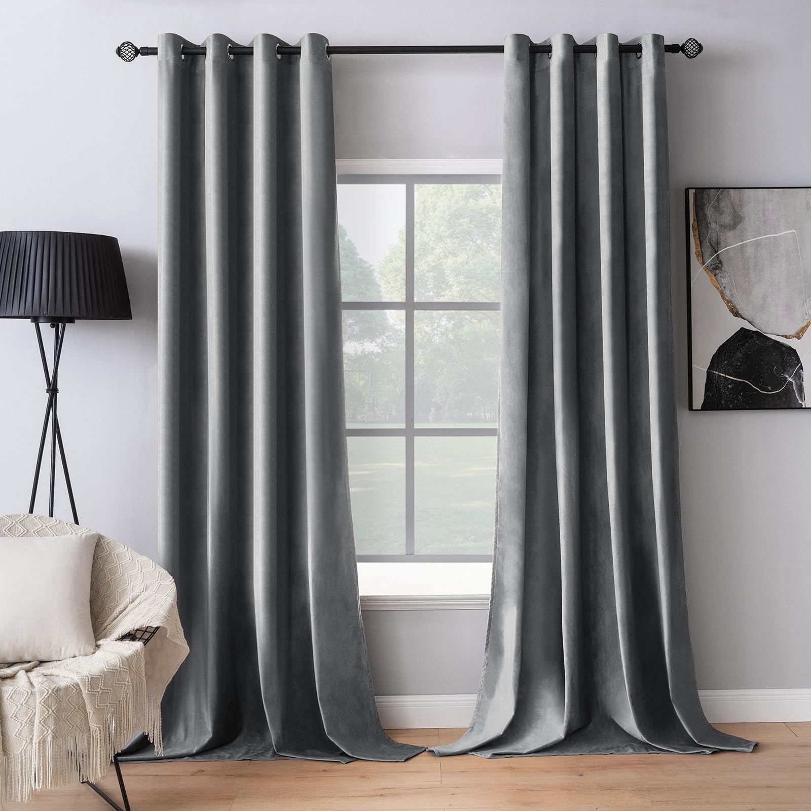 Photo 1 of MIULEE 2 Panels Blackout Velvet Curtains Solid Soft Grommet Grey Curtains Thermal Insulated Soundproof Room Darkening Curtains/Drapes/Panels for Living Room Bedroom 52 x 84 Inch