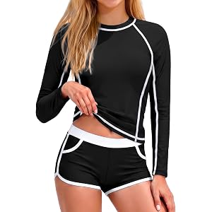 SOTHEA Girls Long Sleeve Rash Guard Swimsuit 2 Piece Bathing Suit 7-16Y | Clolor Block Stitching, Long Sleeve, Short with Poc