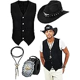 Cutecrop 4 Pcs Western Cowboy Outfits for Men Suede Leather Vest Hat Bolo Tie Belt for Western Halloween Cosplay