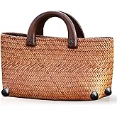 QTKJ Straw Bag for Women, Summer Beach Handmade Rattan Tote Bag, Round Wooden Handle, Boho Retro Straw Woven Handbag, Large Capacity Beach Vacation Bag (Brown)