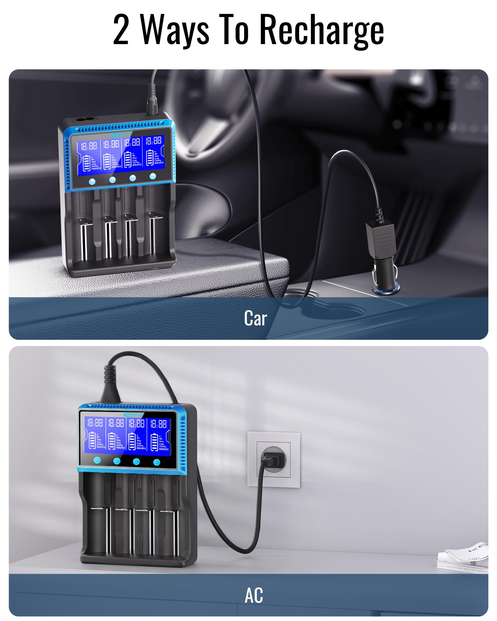 Universal Akku Ladegerät, 18650 Akku Ladegerätmit 4 Schacht, LCD Smart Schnell Aufladen Batterieladegerät für NI-MH NI-CD AA AAA Li-Ion LiFePO4 IMR 10440 14500 16340 18650 RCR123 26650 5