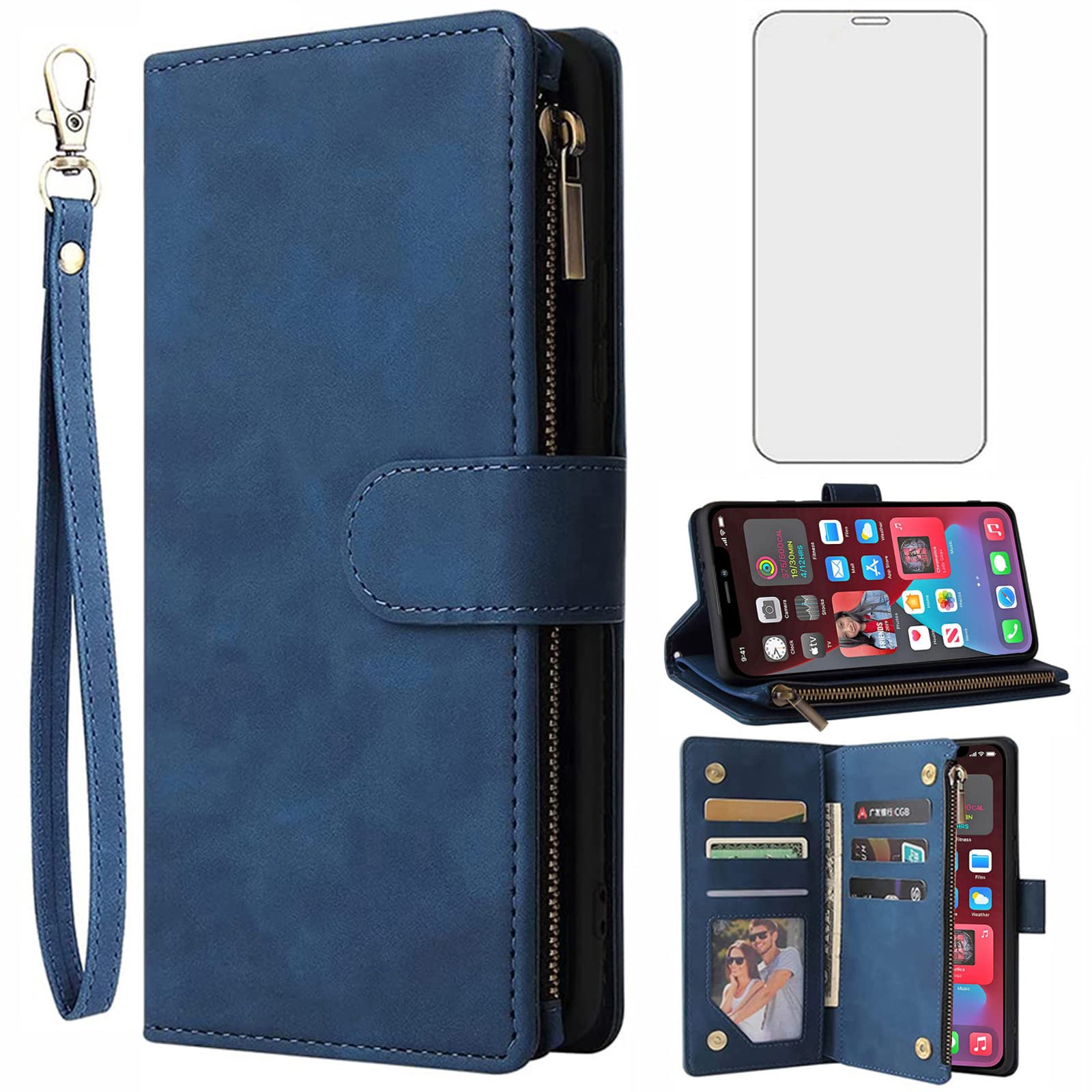 Asuwish Compatible with iPhone 11 Pro Max 6.5 Wallet Case Tempered Glass Screen Protector and Leather Flip Cover Card Holder Stand Cell Phone Cases for iPhone11 11pro Promax i XI Plus Women Men Blue