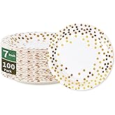 CENLBJ White and Gold Paper Plates,7INCH Gold Dot Dessert Plates,Disposable Party Supplies Suitable for Weddings,Birthdays,Bridal Parties,All Occasions(100 PCS)
