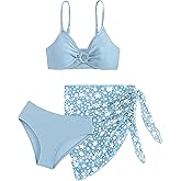 COZYEASE Girls' 3 Piece Bikini Set Ditsy Floral Print Wireless Swimsuit with Beach Skirt