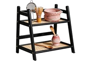 Wooden & Bamboo Tea Set and Coffee Accessories Storage Rack,Elegant Black Bamboo Double-Layer Countertop Organizer for Kitche