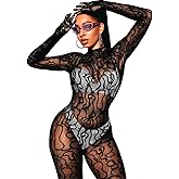 EHSUYAB Women Sexy Fishnet Full Bodysuit, Mesh Lace Poster Jumpsuit Glow Party Rave Outfits, Body Stockings Halloween Costume