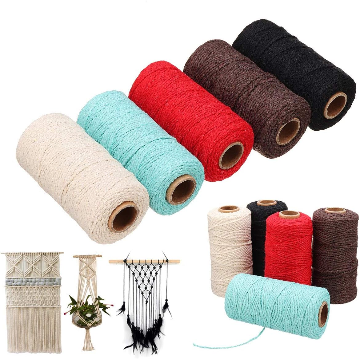Binwat Macrame Cord Natual Macrame Cotton Cord DIY Craft Cord Spool Twine Rustic String Cotton Ropefor DIY Knitting Arts & Crafts Christmas Decoration Plant Hangers Wall Hangings 5pcs 2mmX100yd (A)