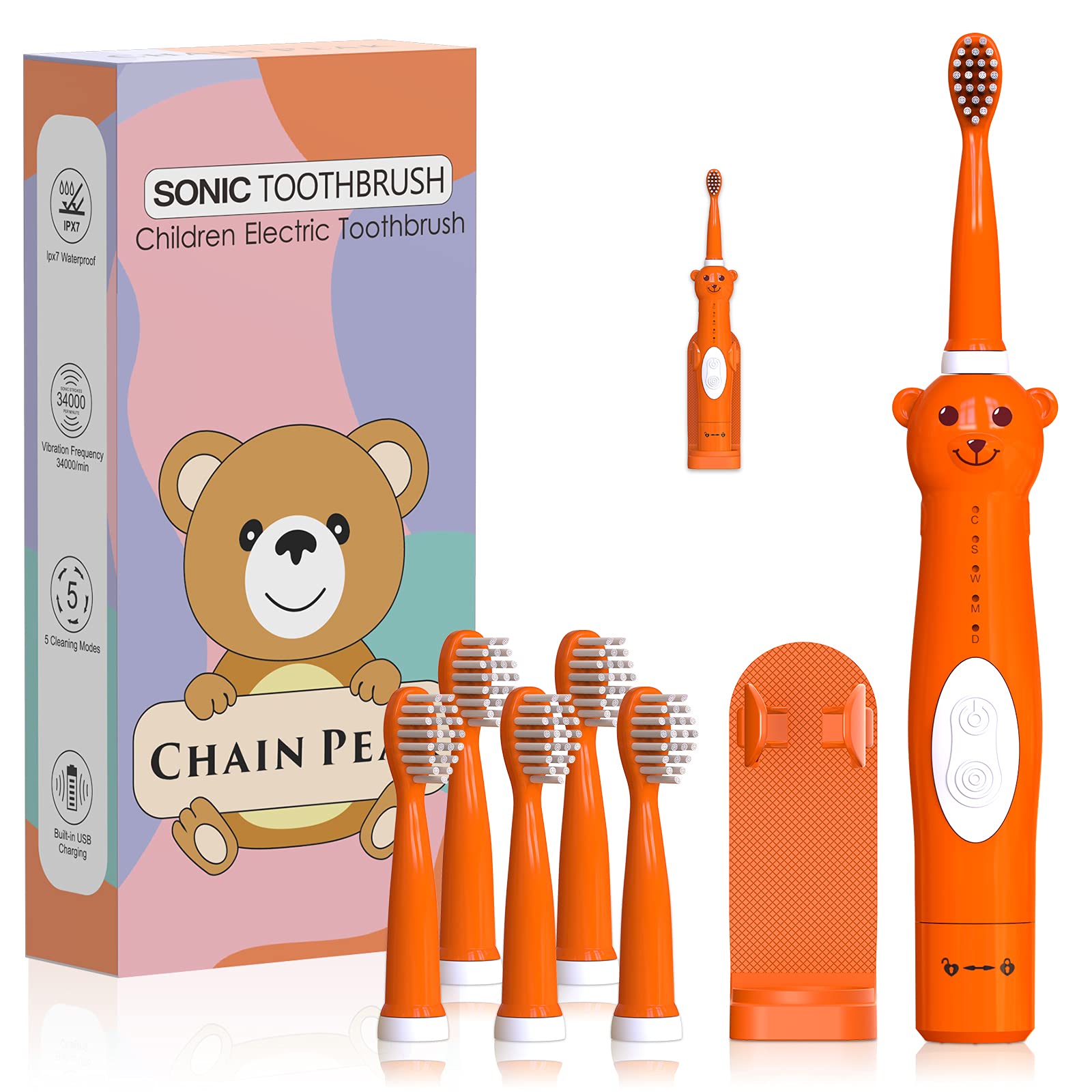 CHAIN PEAK Kids Sonic Electric Toothbrush, Cute Bear Rechargeable Toothbrush for Children, Boys Girls Age 3-12 with 30s Reminder, 2 Min Timer, 5 Modes, 6 Brush Heads, Wall-Mounted Holder