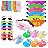 Neon Bachelorette Fanny Packs | 28 pc Set of 7 Bachelorette Party Favors & Accessories - 1 'Wife of the Party' & 6 'Party' Neon Fanny Packs with Sunglasses & Visors | 80s Retro Bachelorette Party Kit