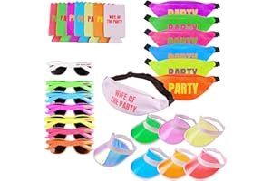 CHUG BUDDY Neon Bachelorette Fanny Packs | 28 pc Set of 7 Bachelorette Party Favors & Accessories - 1 'Wife of the Party' & 6 'Party' Neon Fanny Packs with Sunglasses & Visors | 80s Retro Bachelorette Party Kit