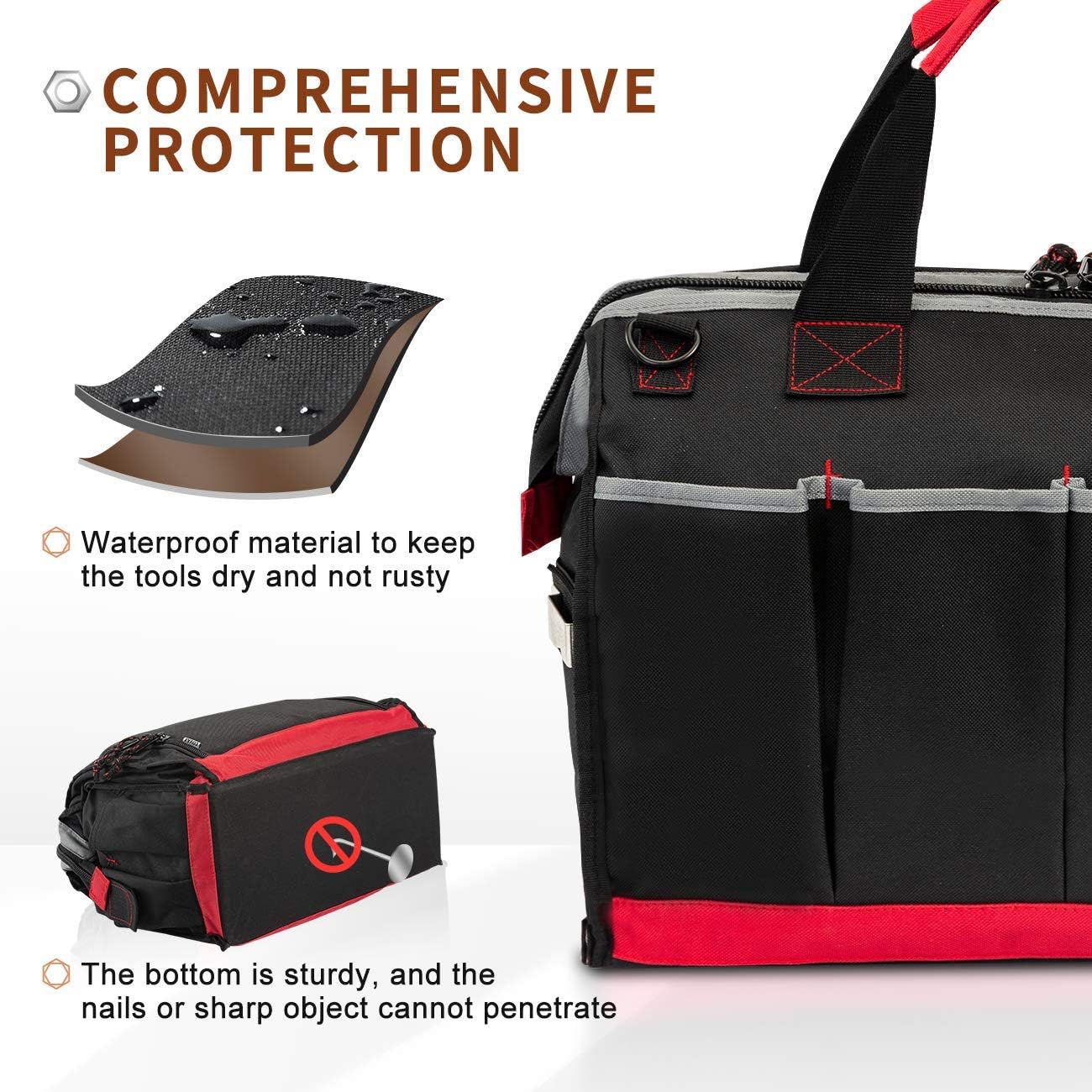 Tool Bag Wide Mouth Tote Bag with 25 Pockets 16-inch Storage Bag with Adjustable Shoulder Strap Black/Red - - 