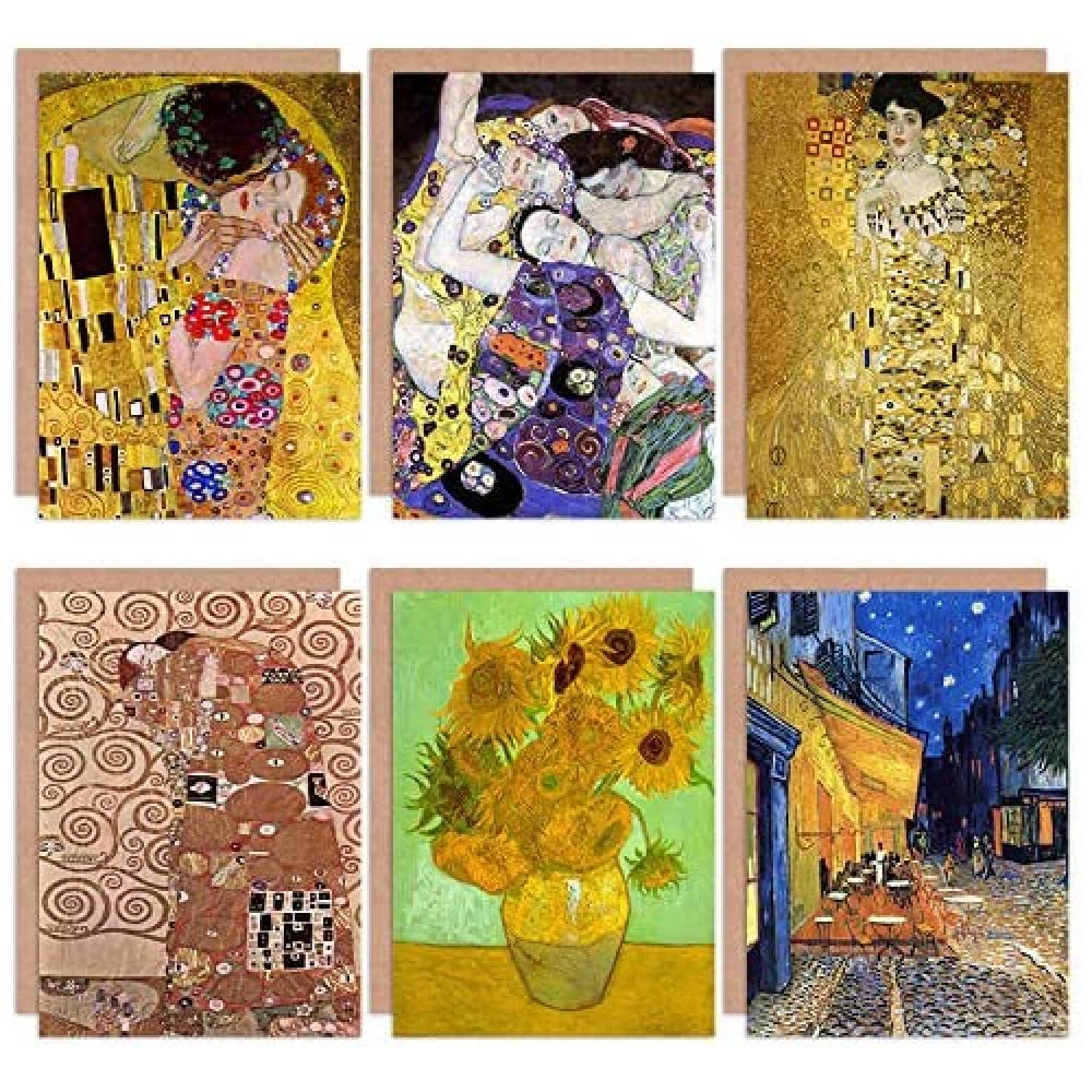 Wee Blue Coo Old Masters Gustav Klimt Van Gogh The Kiss Sunflower All Occasions Various Assorted Blank Greeting Cards With Envelopes Pack of 6