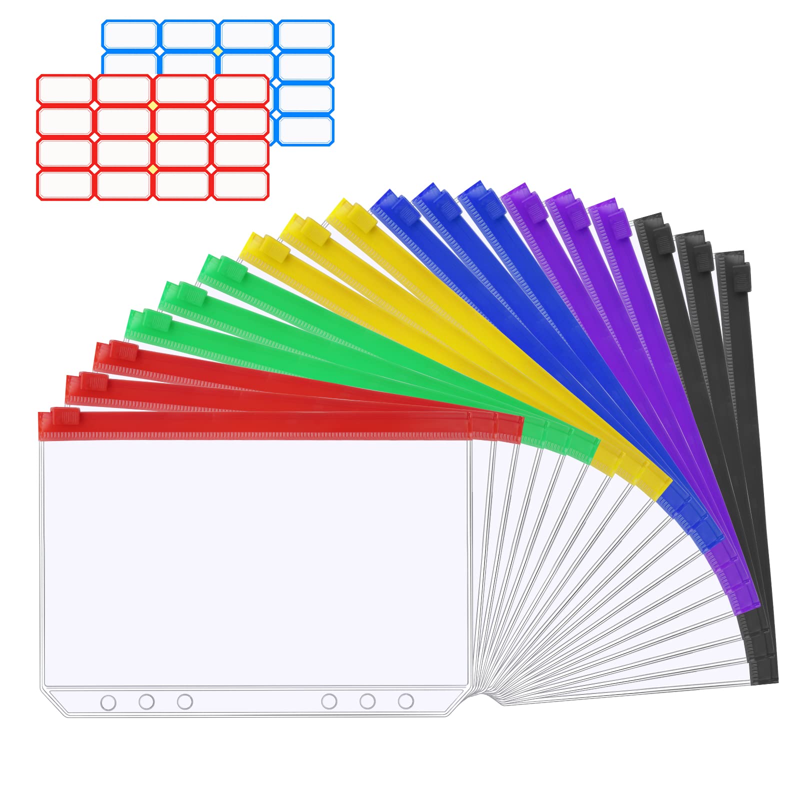 Vicloon A5 Zipper Binder Pockets, 18Pcs Plastic Binder Zipper Folders Loose Leaf Bags with 2 Sheets Removable Label Stickers Money-Saving Cash Envelopes Document Organizer Binder (Multicolor)