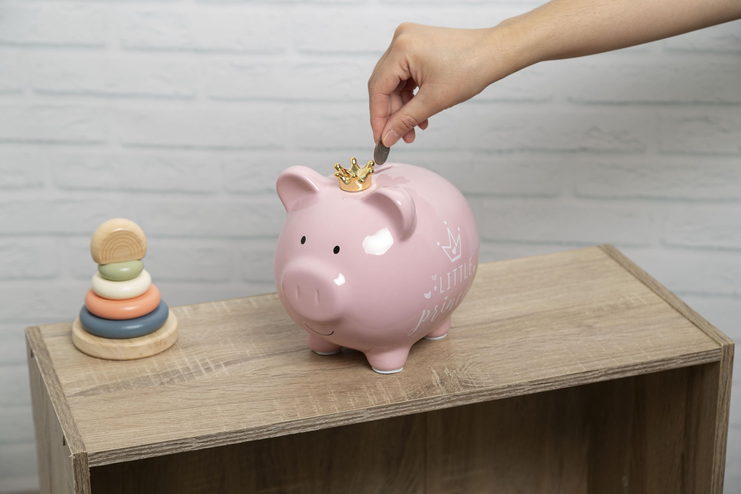 Kate & Milo Little Princess Piggy Bank with Crown, Newborn Keepsake Gift, Ceramic Money Bank for Kids, Baby Girl Nursery Décor, Pink