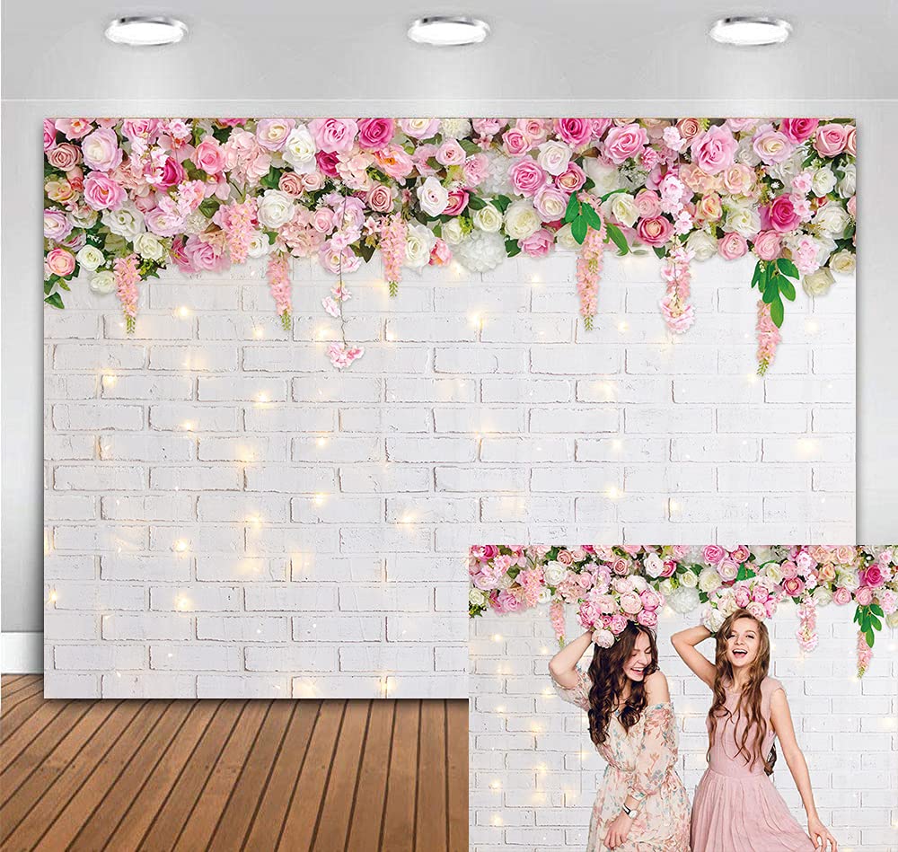 BINQOO 7x5ft White Flower Wall Backdrop White Brick 3D Floral Wall Photography Background Wedding Bridal Baby Shower Birthday Party Photo Booth Prop