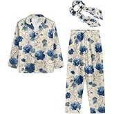 Ditosant Womens Pajamas 3-Piece Sets Long Sleeve Button Up Pajama Set Loungewear Pjs with Bow Hair Band