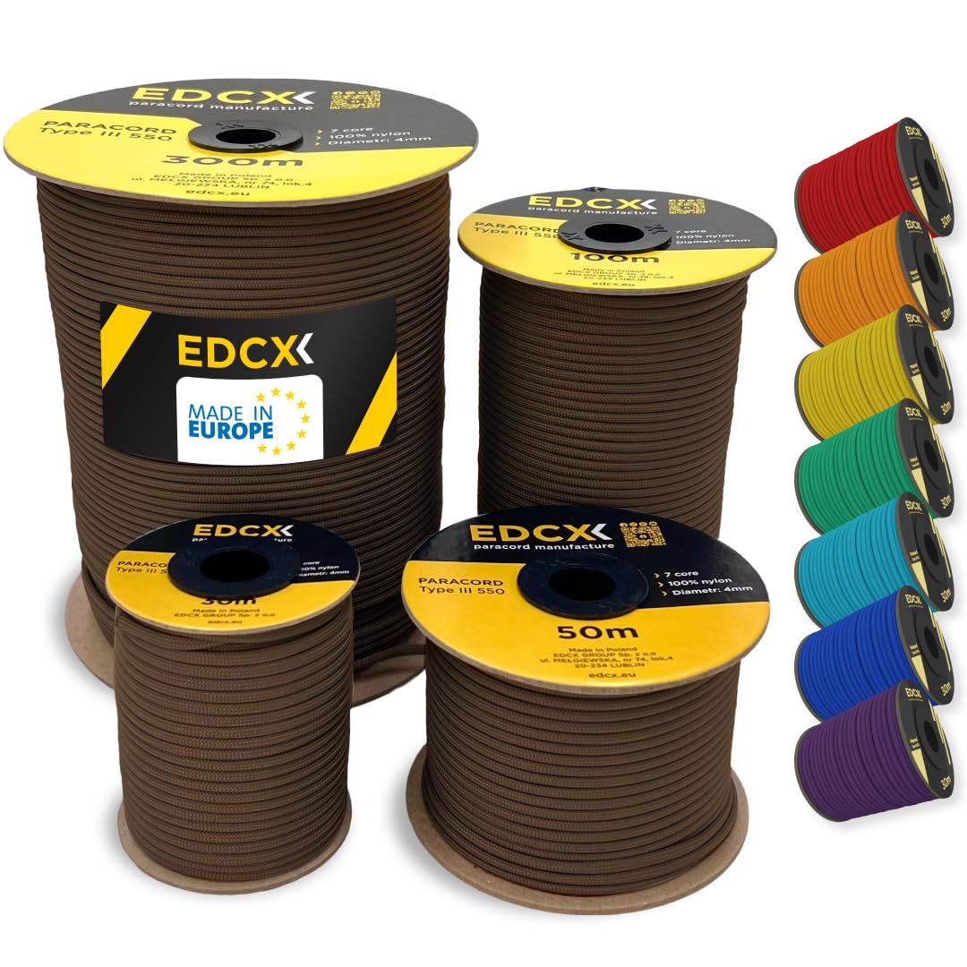 EDCX 4mm Nylon Paracord 550 50m (165 feet) | Ideal for Camping, Survival, Outdoor, Crafting, DIY | 100% Nylon Rope 4mm | Paracord 550 Type III in Solid Color (Chocolate, 50 m)