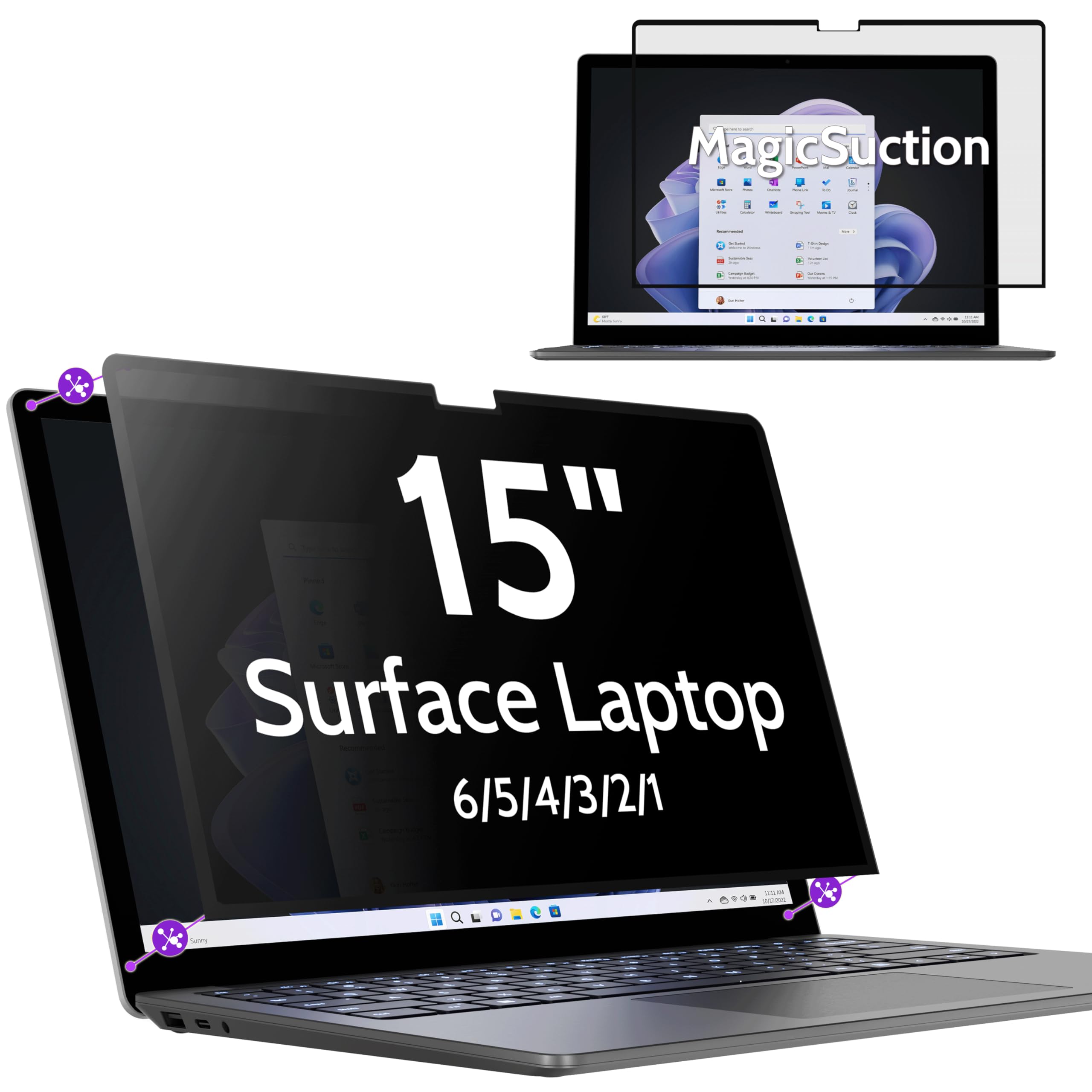 Photo 1 of Peslv Privacy Screen for 15 Inch Surface Laptop 6/5/4/3/2/1, MagicSuction™ Removable Anti Spy Black Protector, Glare Blue Light Filter for Microsoft Laptop Computer Monitor