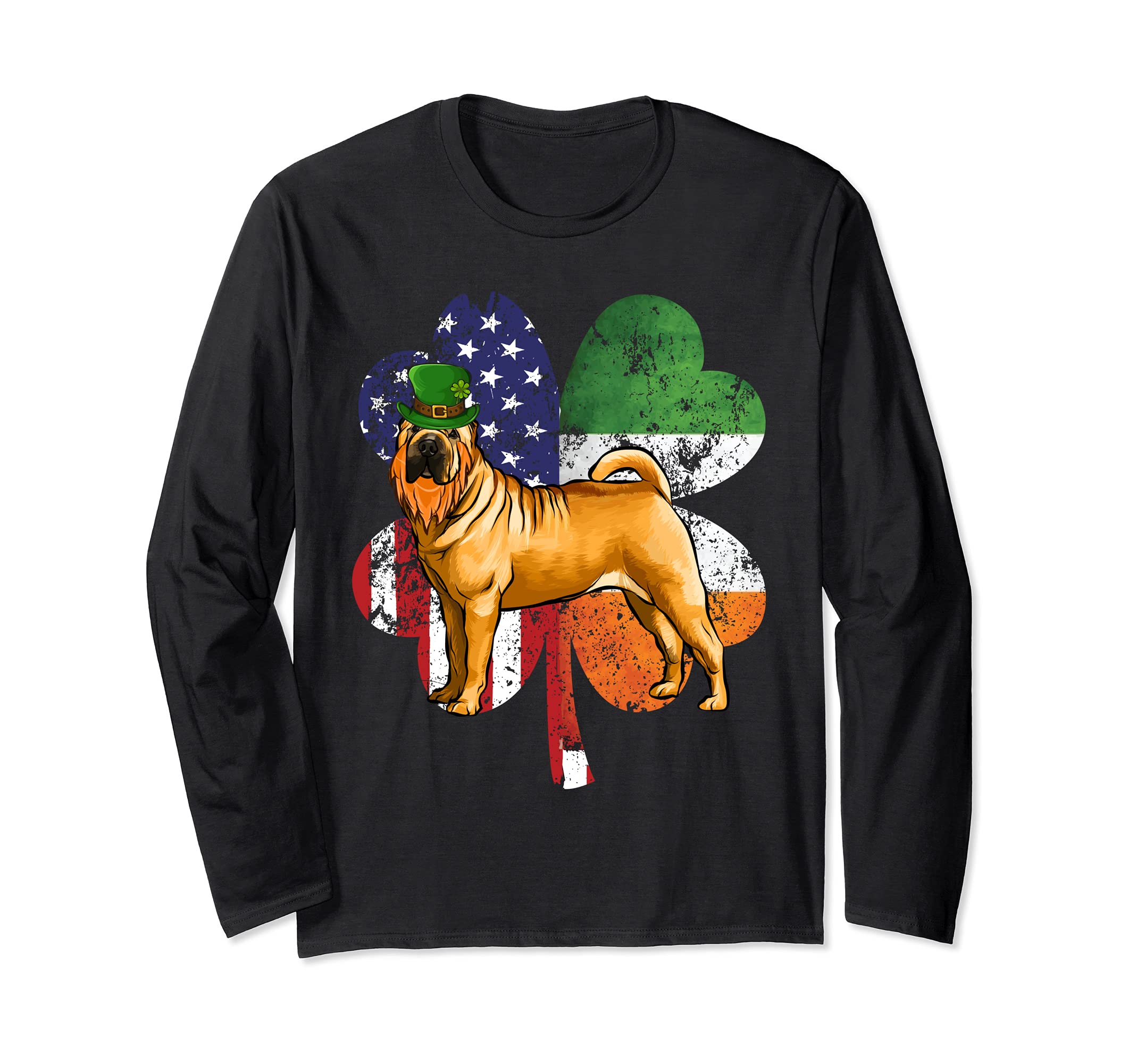 St Patricks Day Irish American Flag Chinese Shar-Pei Dog Long Sleeve T-Shirt