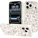 LEOMAKRON Designed for iPhone 17 Pro Max Case with Finger Strap Kickstand,Cute Pink Flower Heart Bowknot Pattern for Women Girls,Full Camera Protection Aesthetic Shockproof TPU Design,White