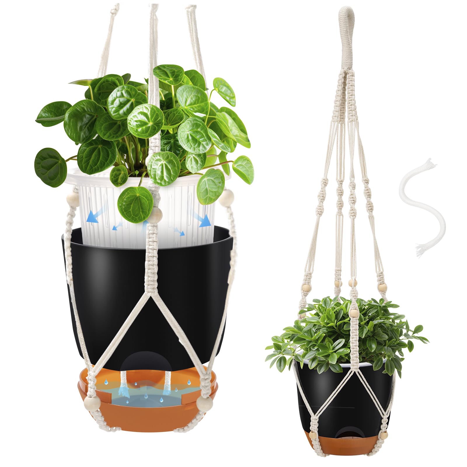 Photo 1 of QCQHDU 2-Pack 5-Inch Self-Watering Hanging Planters for Indoor & Outdoor Plants,34Inch Macrame Hanger Plant pots Indoor with Drainage,Small Hanging Planters & Baskets in Black