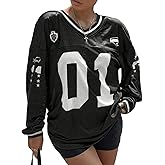 Milumia Women's Mesh Oversized Long Sleeve Jersey Shirt Y2k Number Graphic Tees Blokette T Shirt Top Streetwear