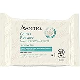 Aveeno Calm + Restore Unscented Makeup Remover Face Wipes, Fragrance Free Facial Cleansing Towelettes with Oat Extract & Calm