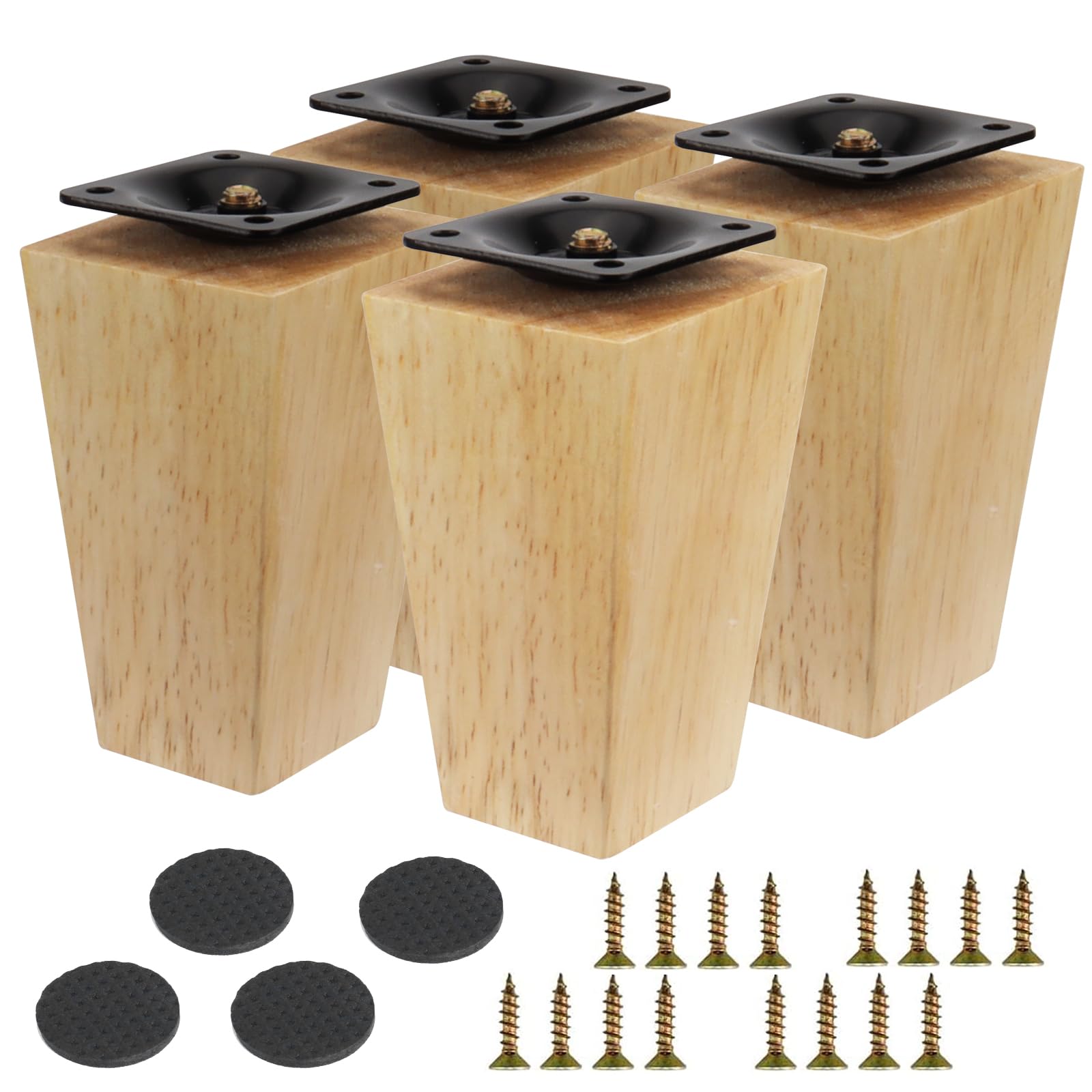 Fomiata 4 Pcs Wooden Furniture Legs,Solid Beech Wooden Sofa Legs Replacement Furniture Feet,Table Legs Dresser Legs with Mounting Plate,Screws and Anti Slip Mats (Original Wood Colour)