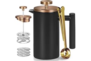 WORBIC 34oz French Press Coffee Maker, 304 Grade Stainless Steel Double-Wall Insulated, 3 Level Filtration System with 3 Extr
