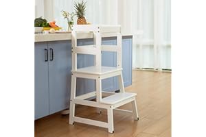 MANGOHOOD Kitchen Step Stool for Kids and Toddlers with Safety Rail Children Standing Tower for Kitchen Counter, Parents' Helper Kids Learning Stool, White