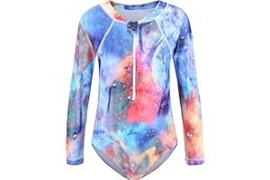 Zestonie Girls Long Sleeve Rash Guard One Piece Swimsuits for Kids Tie Dye Bathing Suit UPF 50+ Swim Shirts 3-16 Years