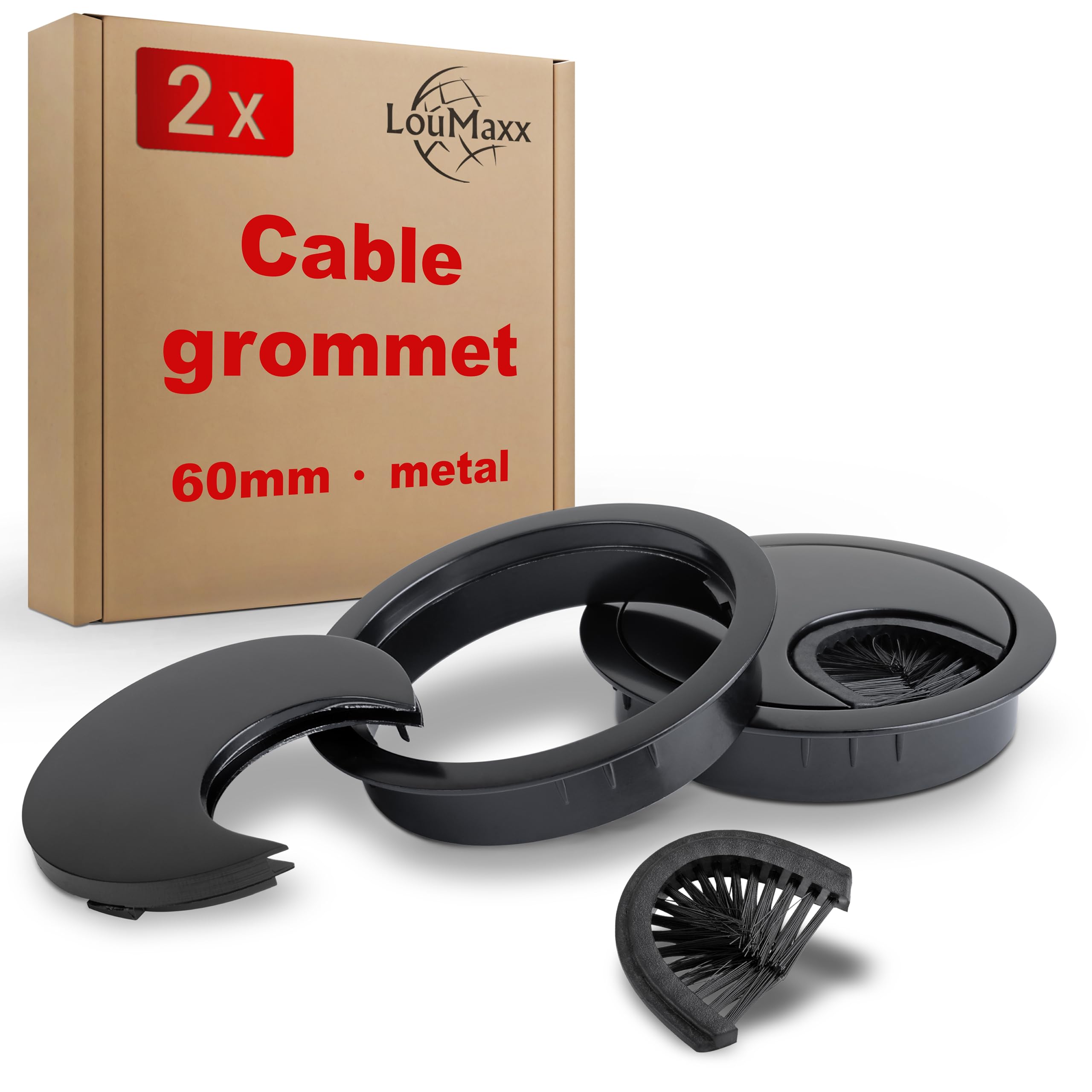 LouMaxx Cable Guide 60 mm Diameter – Set of 2 Metal Black – Cable Guide Desk with Dust Seal – for More Organisation