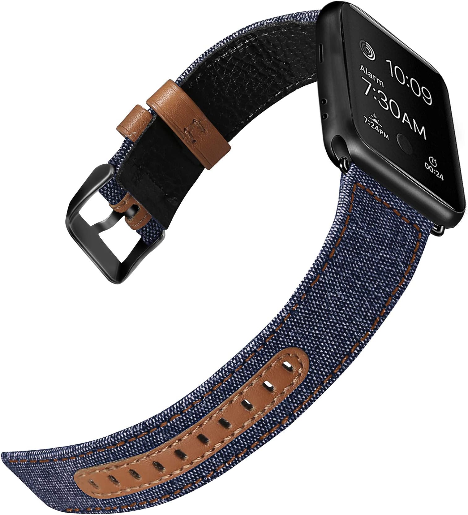 iHillon Bands Compatible with Apple Watch 42mm/44mm 38mm/40mm Series 5 Series 4 Straps, Classic Canvas Fabric Genuine Leather Wristbands Black Silver Buckle Compatible with iWatch Series 3/2/1