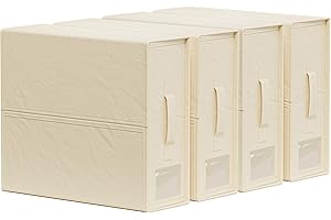 SUOCO SheetCube Bed Sheet Organizers and Storage 4 Pack, Foldable Linen Closet Organizer with Window and Label, Bedding Folder Storage Box Container for Blanket, Duvet Cover Set, Bed Sheet Set - Beige