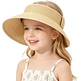 Girls Sun Visor Hat with Ponytail Hole Wide Brim Beach Straw Visor UPF 50+ | Beach Hat for Kids Toddler Ages 2-10,Open-Top Design,Foldable &amp; Packable for Travel Vacations, Adjustable Fit for Messy Buns