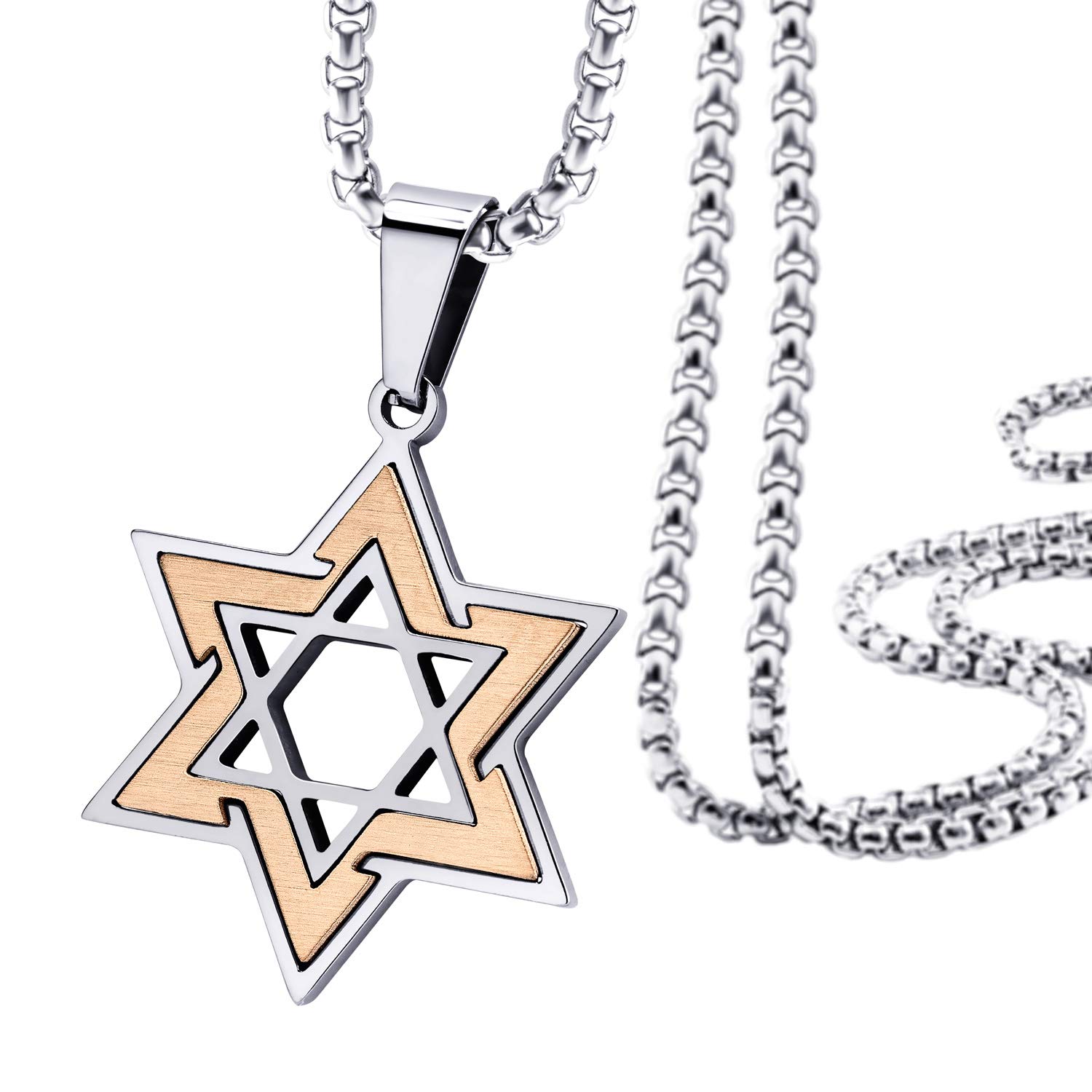 555Jewelry 2 Tone Stainless Steel Star of David Necklace for Men & Women, Box Chain Star Of David Necklace for Women, Small Jewish Star Necklace, Mens Jewish Star Necklace, 22 Inch, Silver & Rose Gold